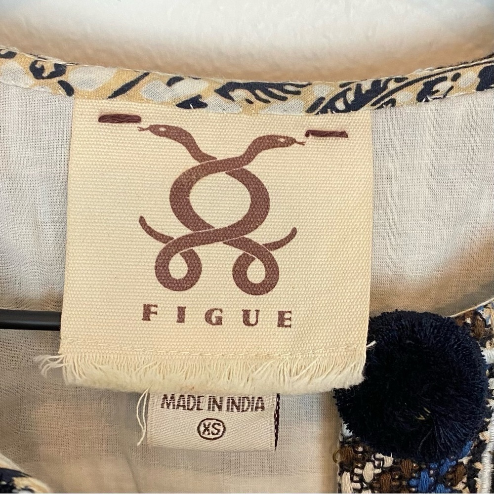 Figue Lucie Cotton Embroidered Boho Dress Istanbul Ivory Blue Pom Poms - Picture 6 of 8